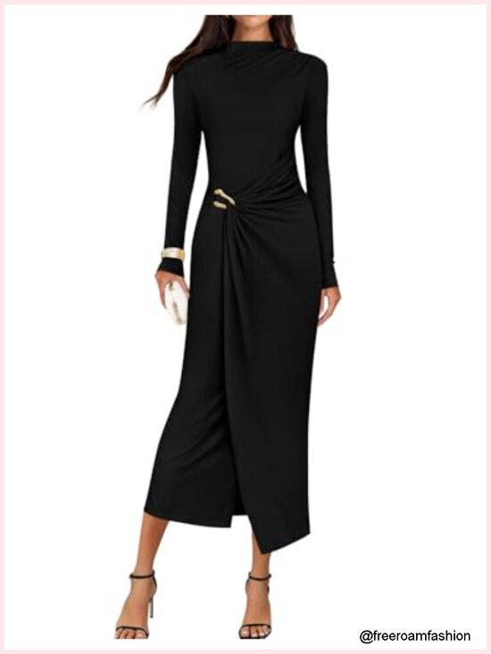 Dresses & Skirts - Long Sleeve Mock Neck Bodycon Midi Dress for Wedding Guest Cocktail Party